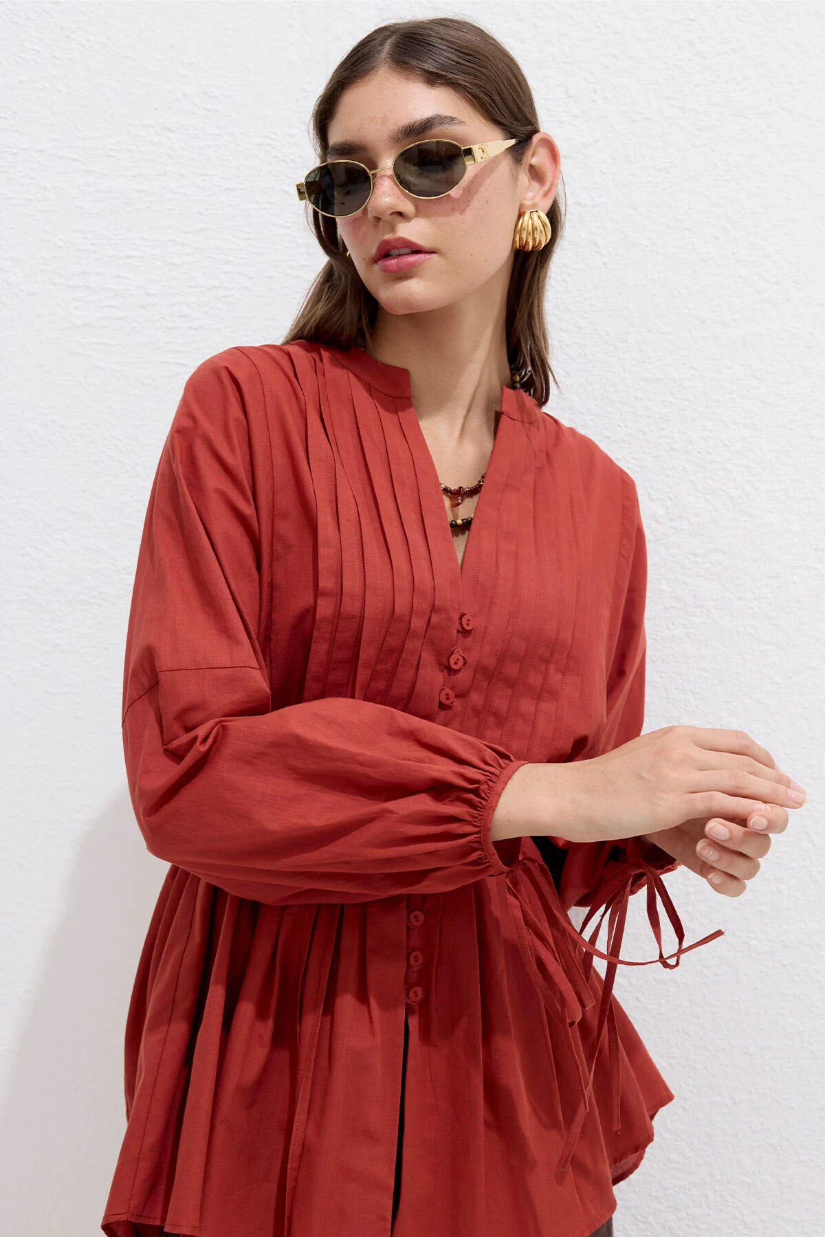 Voile Tunic With Pleat Details Orange - Image 3