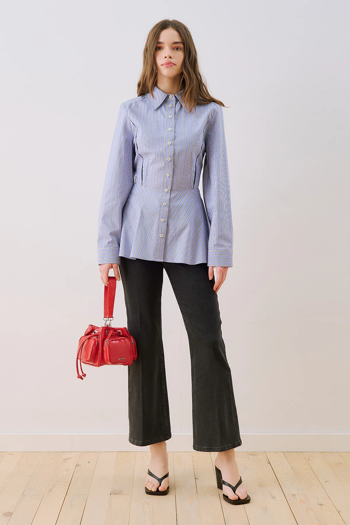 Ruffle Detail Striped Shirt Dark Brown