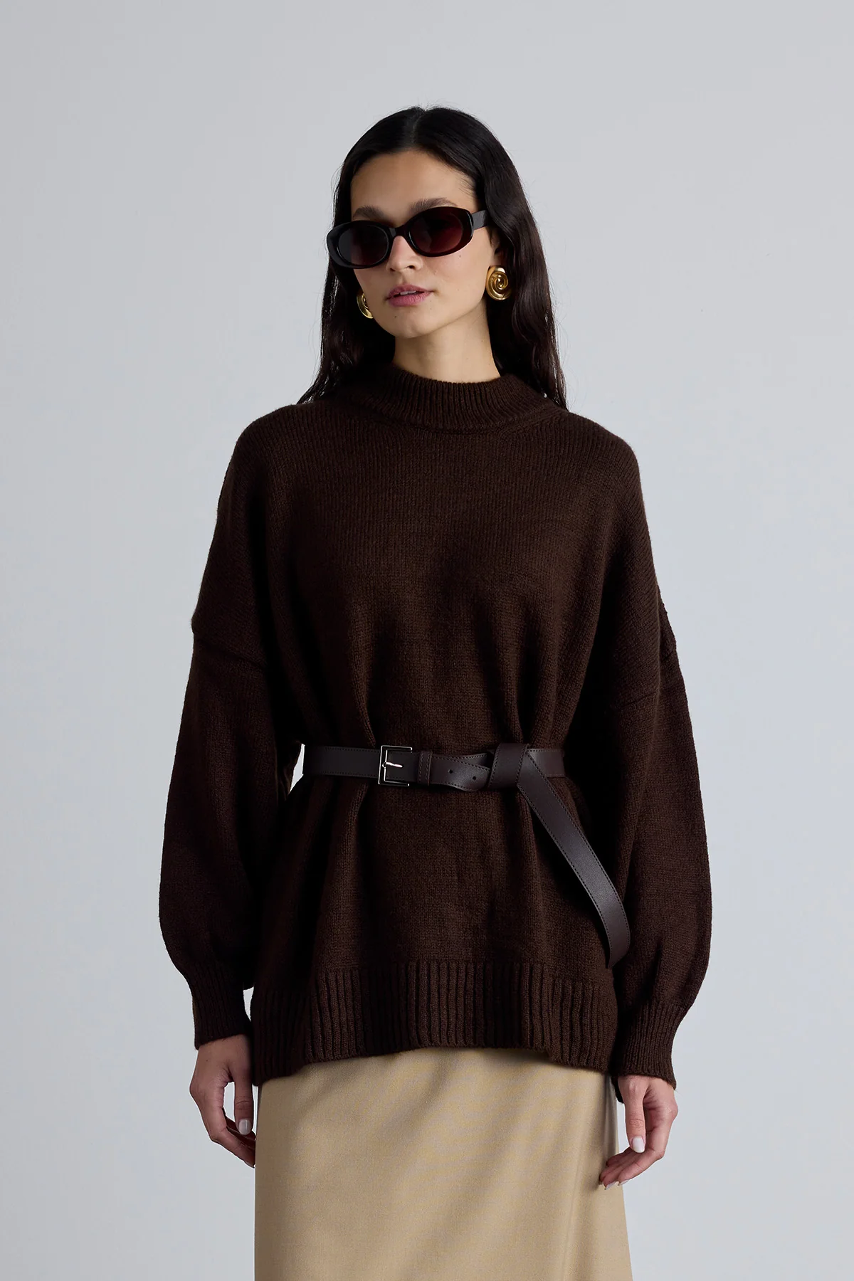 Wide Buckle Long Faux Leather Belt Brown - Image 3