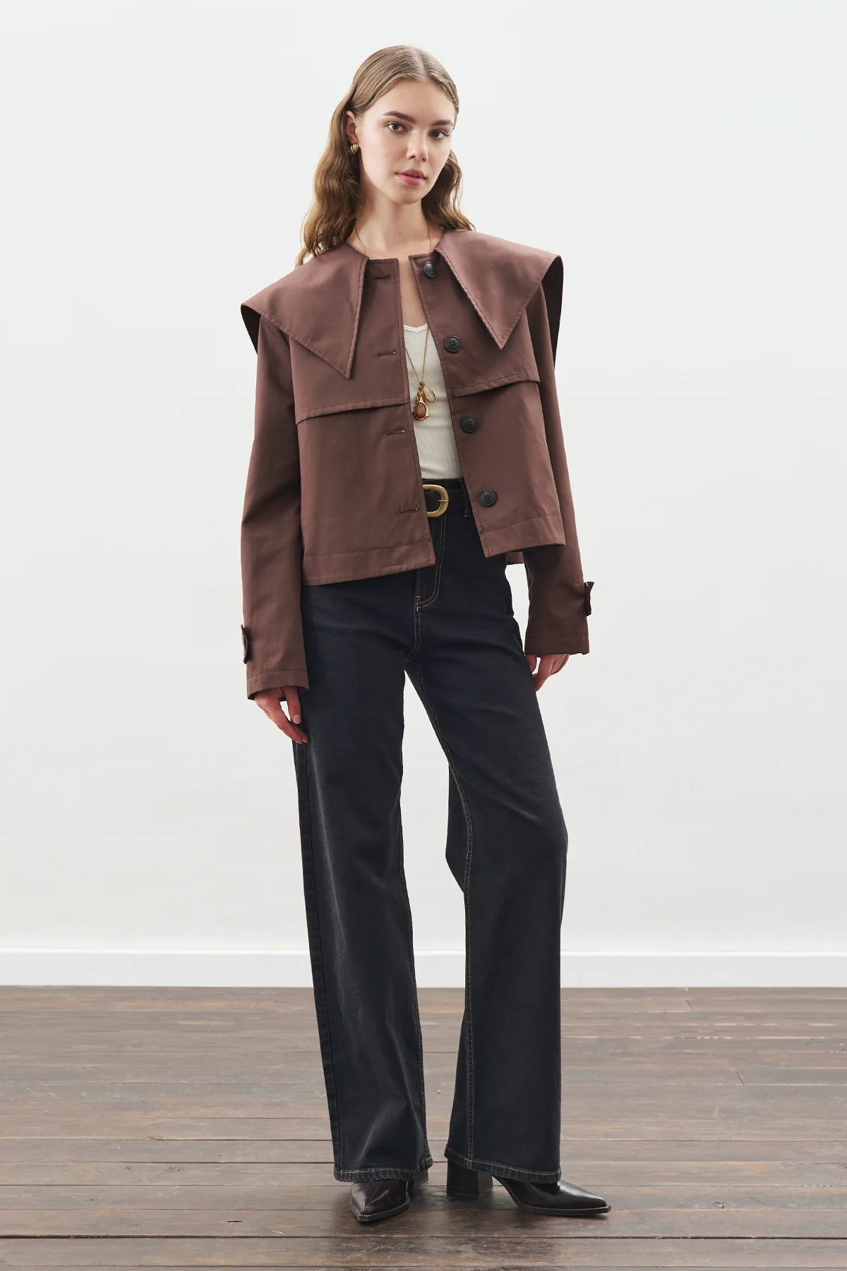 Wide-Collar Gabardine Jacket Chocolate