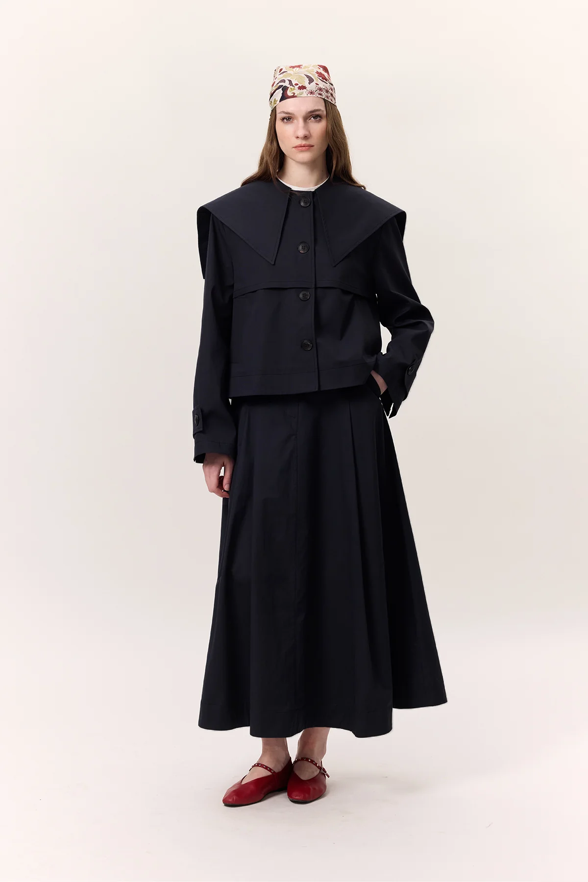 Wide Collar Gabardine Jacket Navy Blue - Image 5