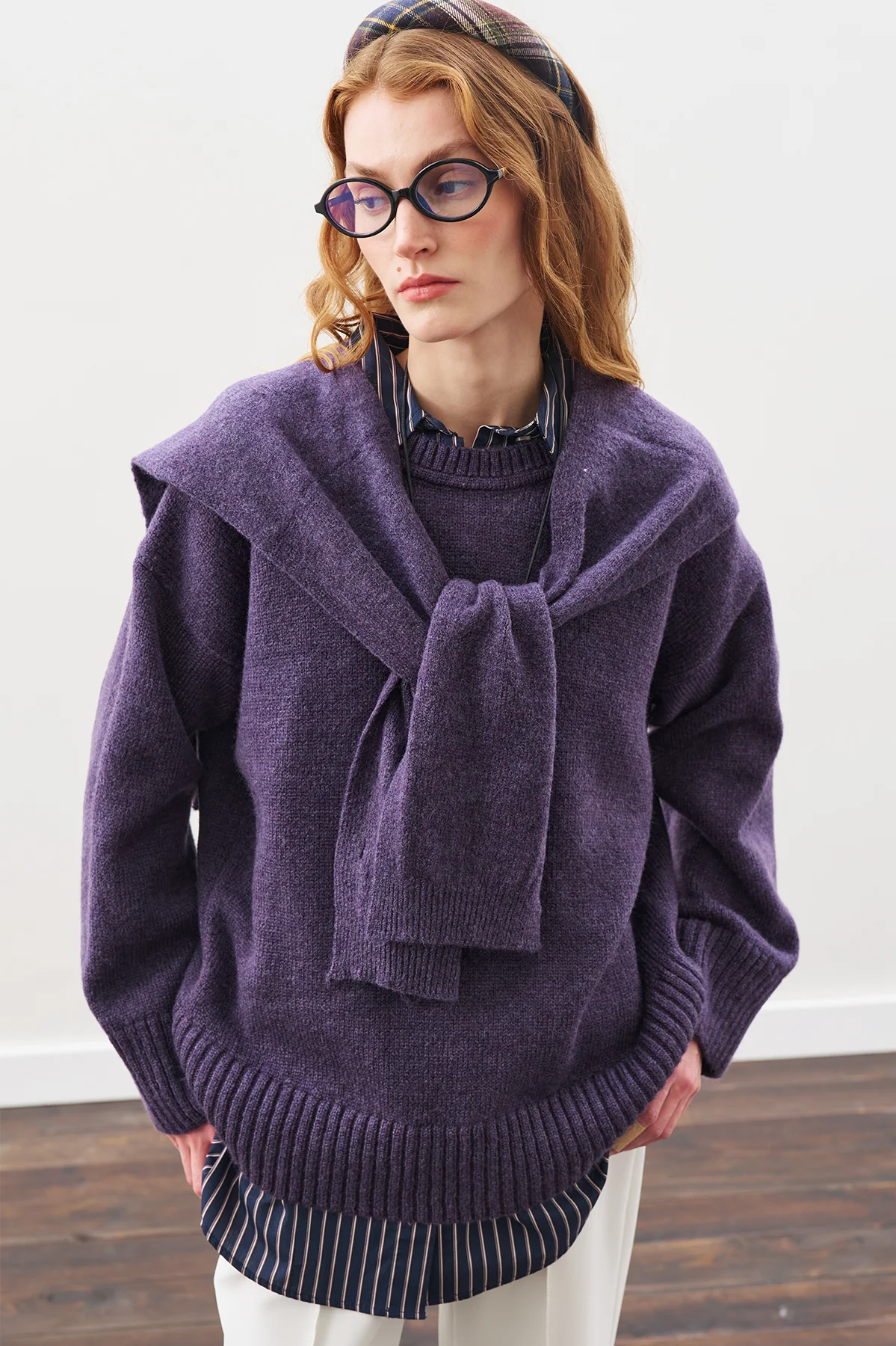Wide-Collar Knit Scarf Purple - Image 2