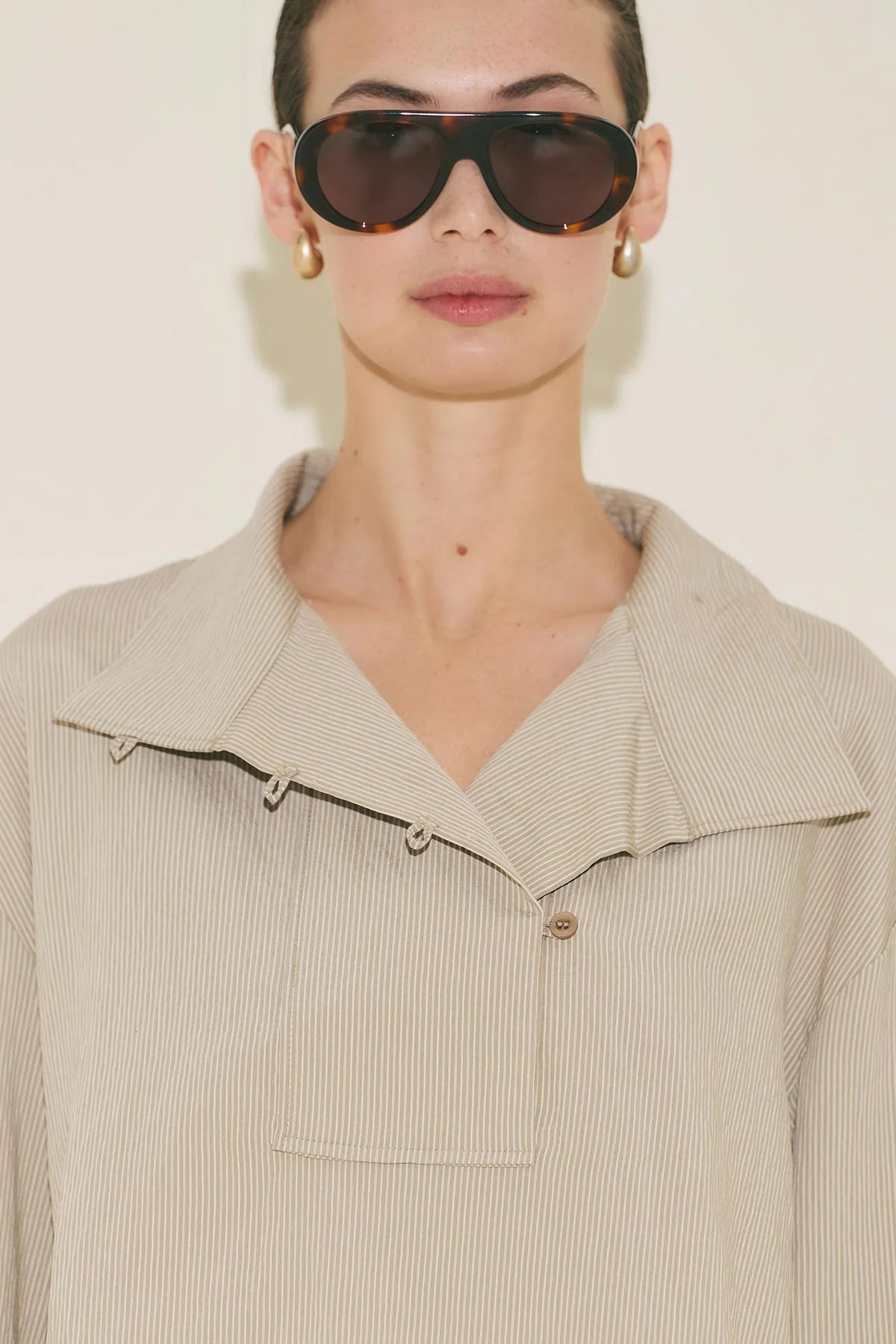 Wide Collar Striped Blouse Beige - Image 10