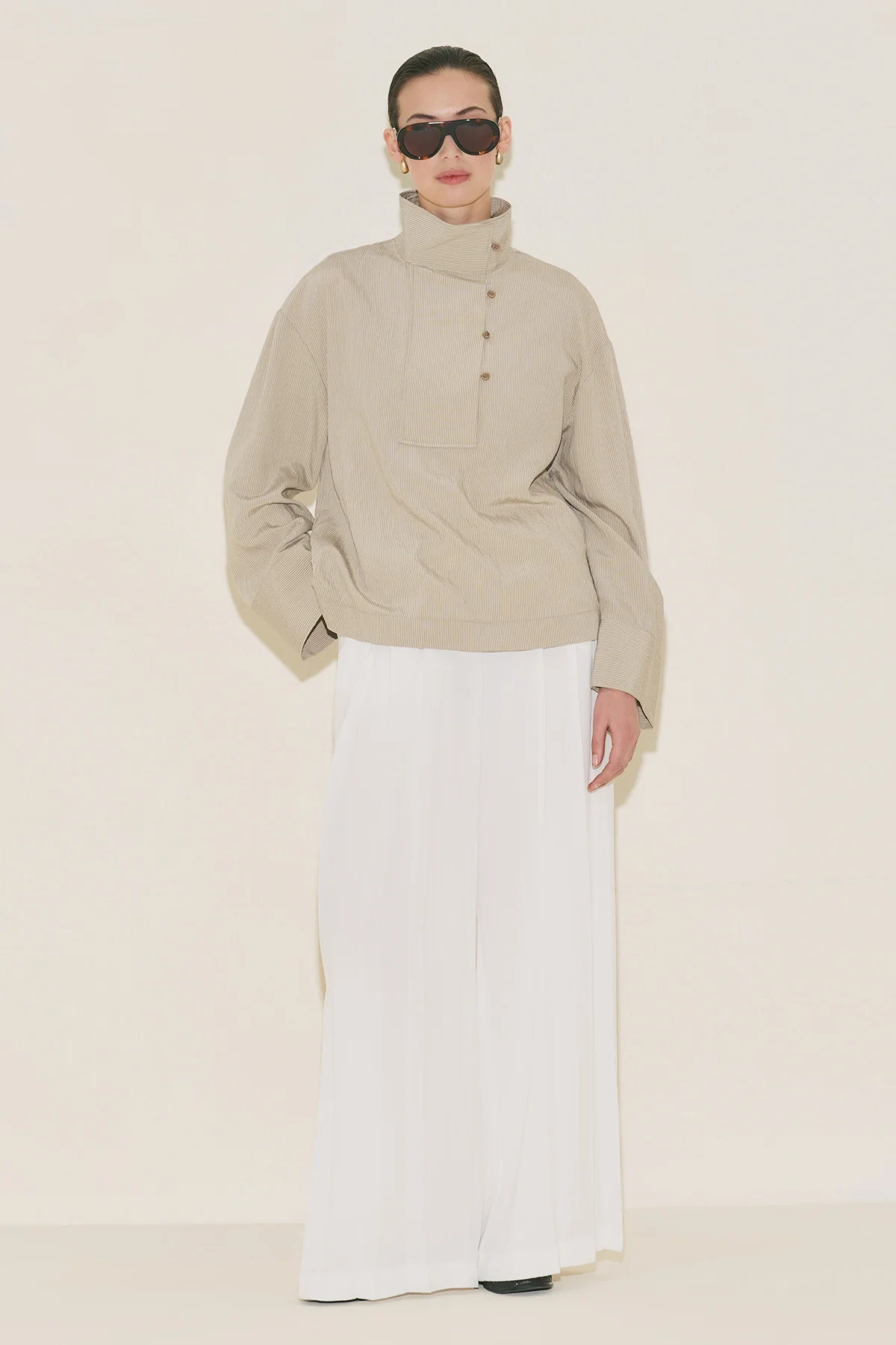 Wide Collar Striped Blouse Beige - Image 2