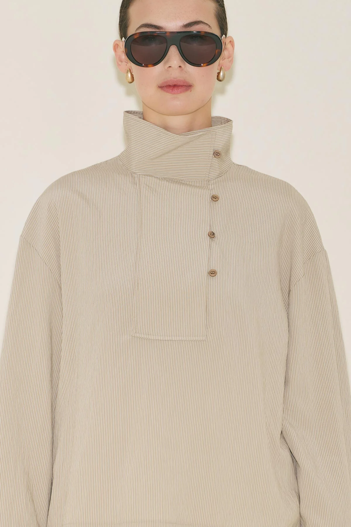 Wide Collar Striped Blouse Beige - Image 7