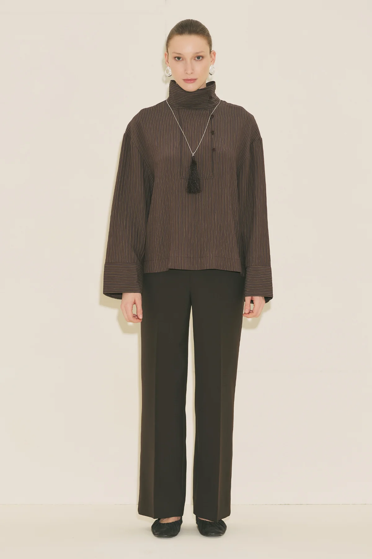 Wide Collar Striped Blouse Brown - Image 4