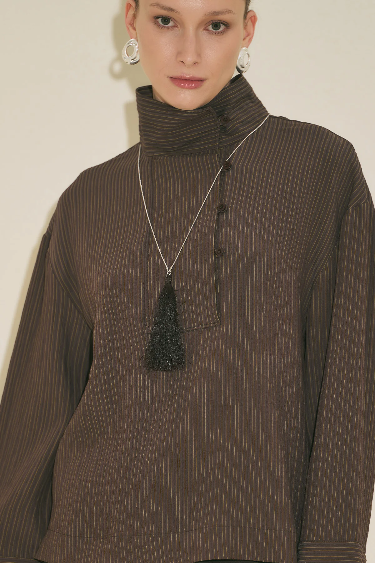 Wide Collar Striped Blouse Brown - Image 5