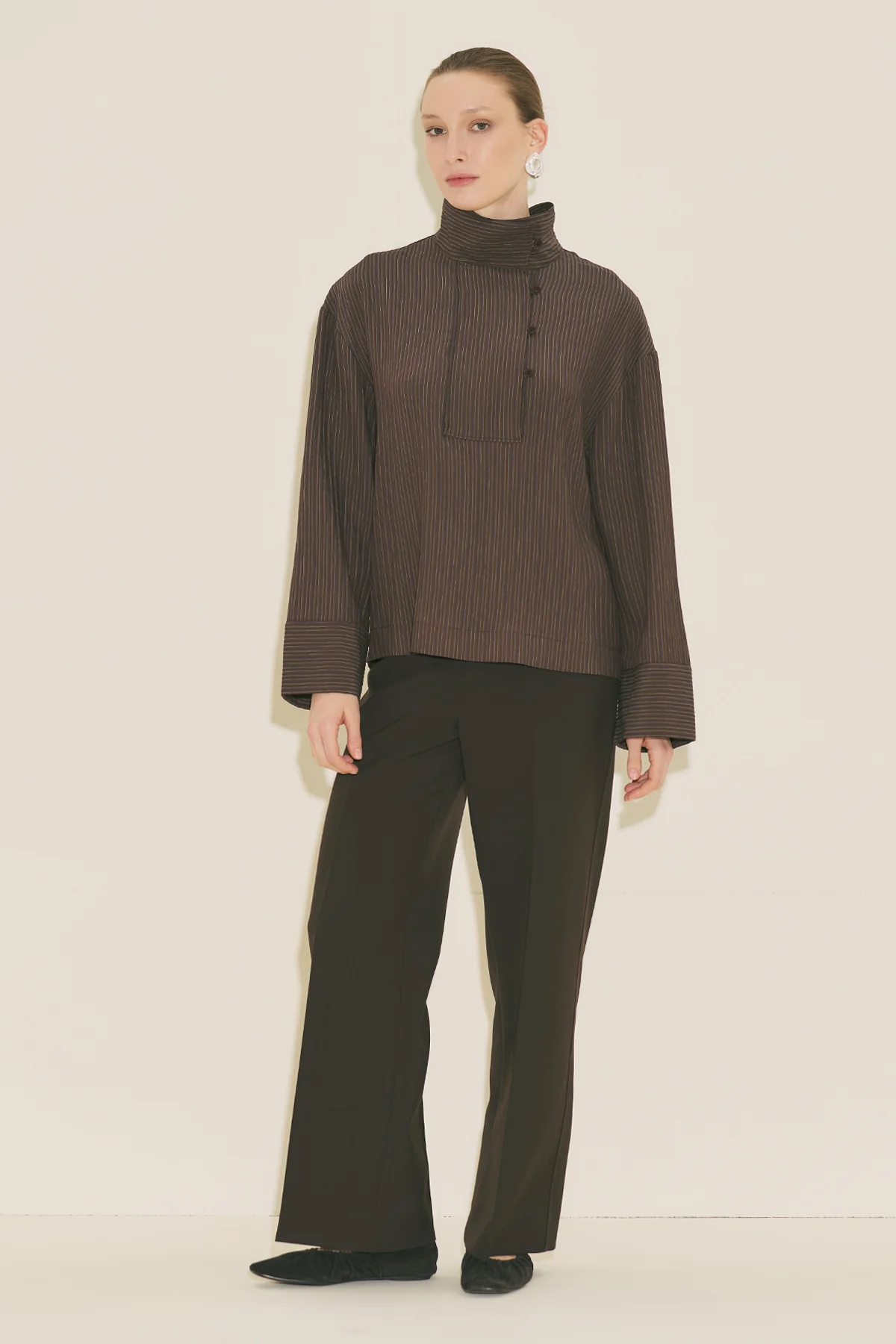 Wide Collar Striped Blouse Brown - Image 6