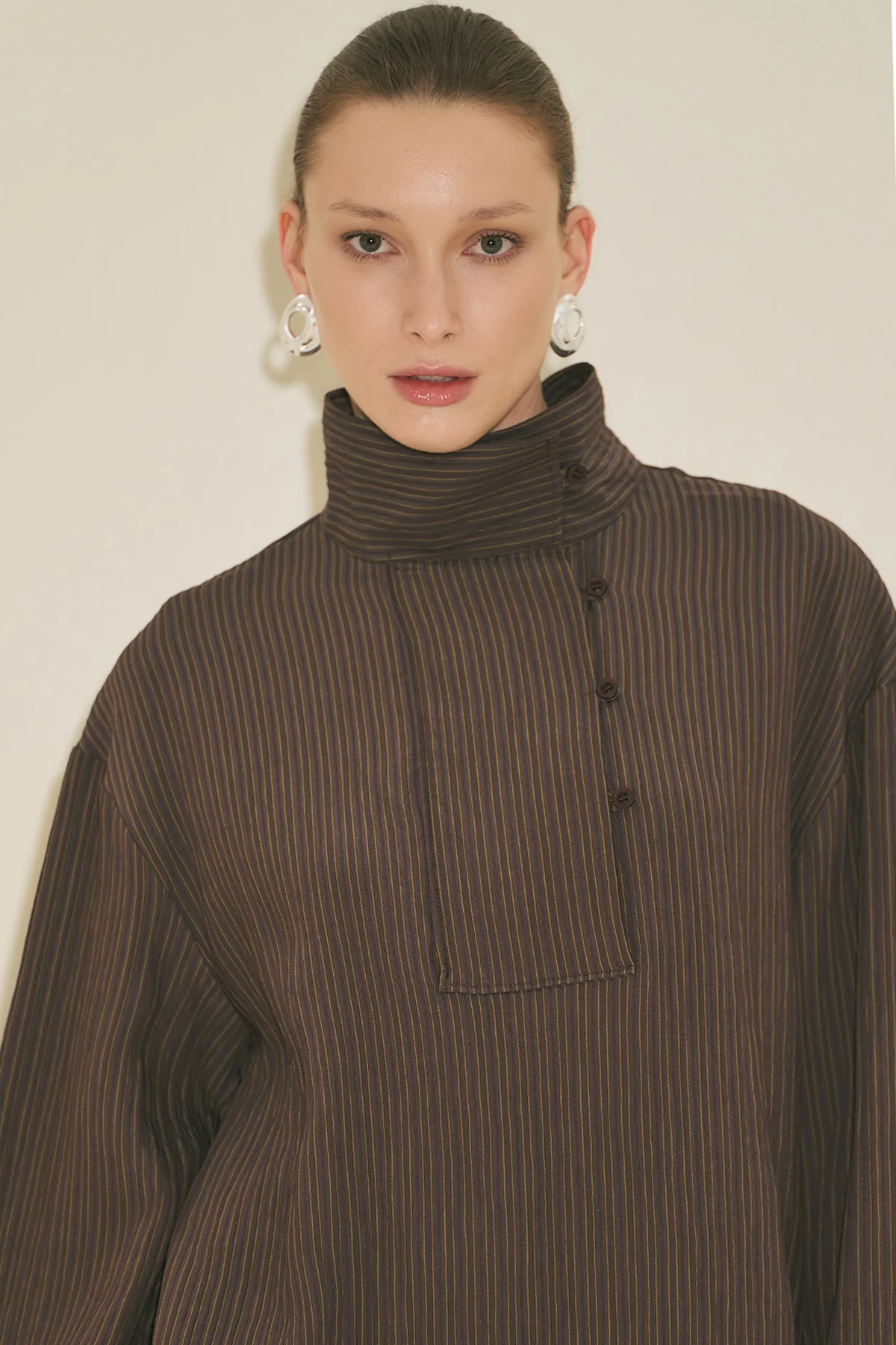 Wide Collar Striped Blouse Brown - Image 7
