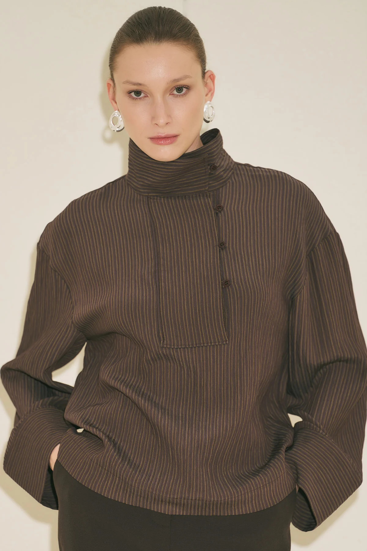 Wide Collar Striped Blouse Brown - Image 8