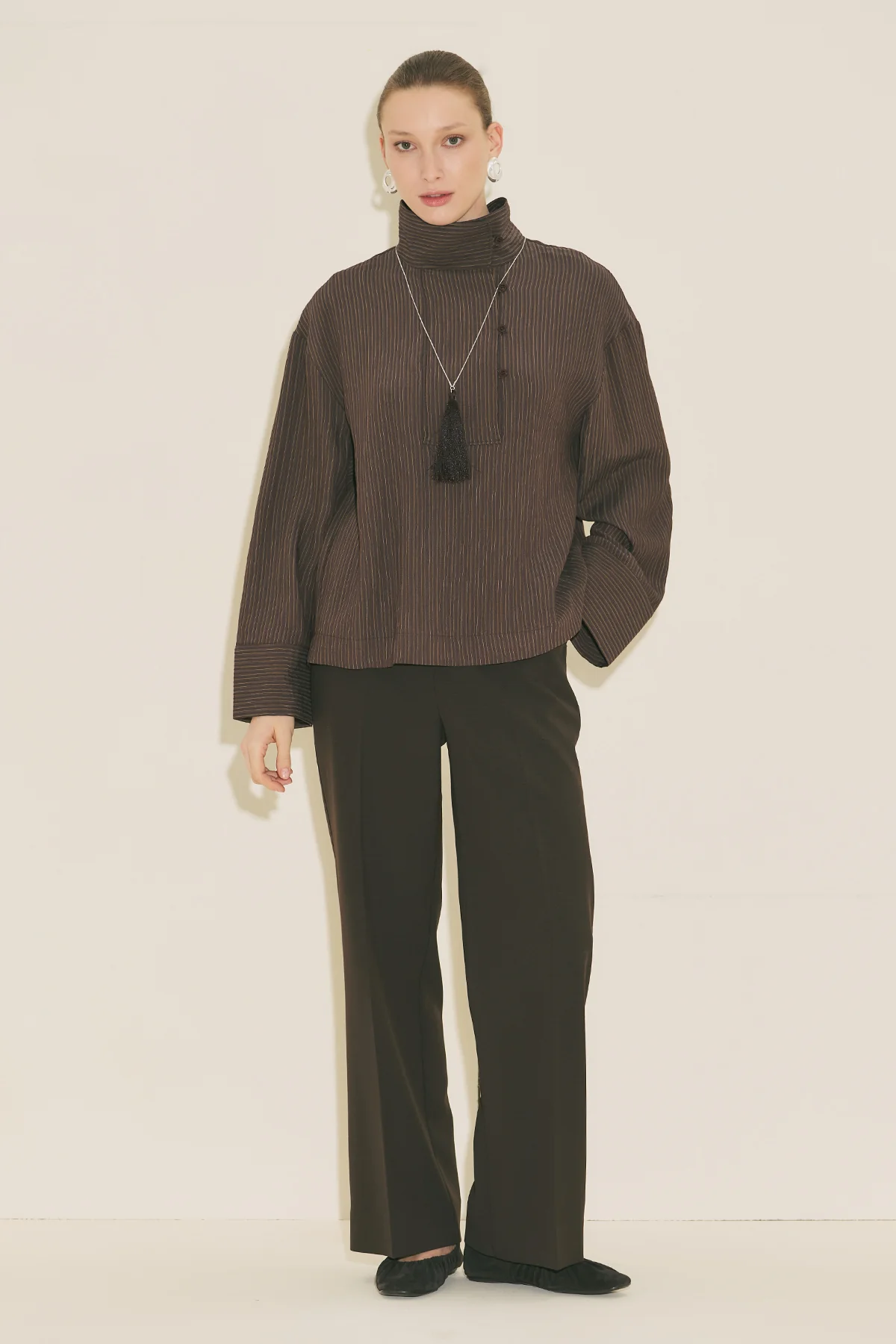 Wide Collar Striped Blouse Brown - Image 9