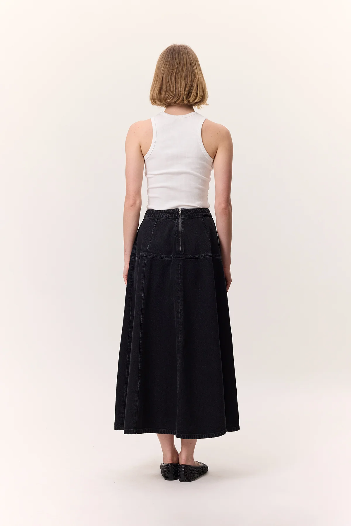 Wide Gathered Denim Skirt Black - Image 12