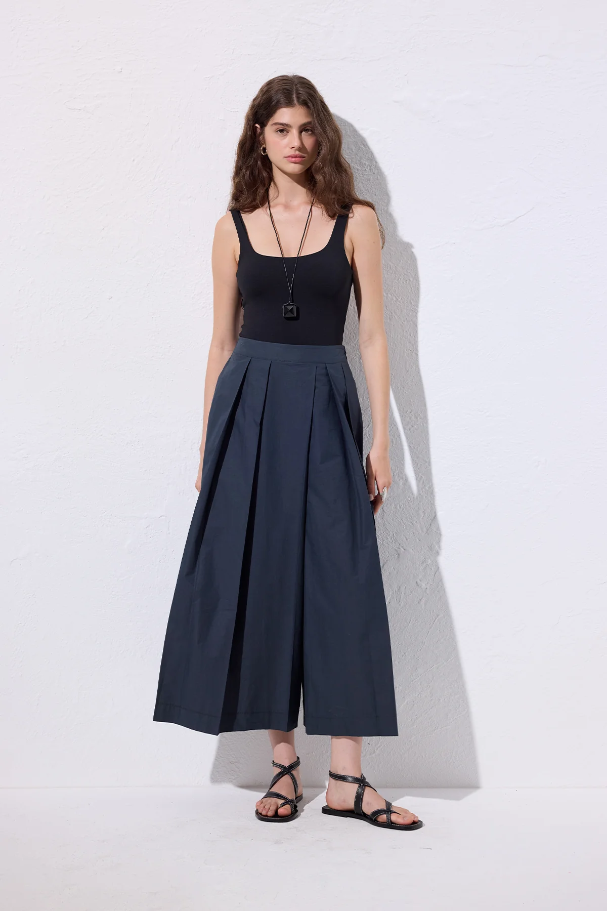 Wide Pleated Trousers Navy Blue