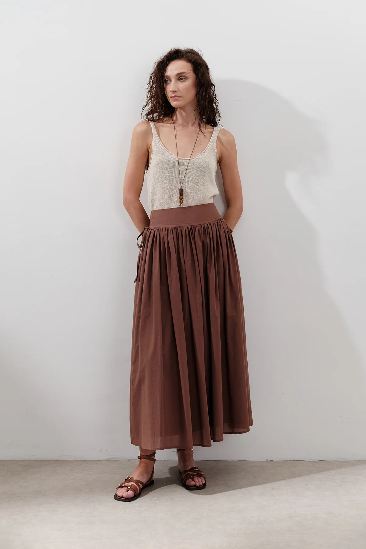 Wide Skirt With Tie Detail Warm Brown - Image 2