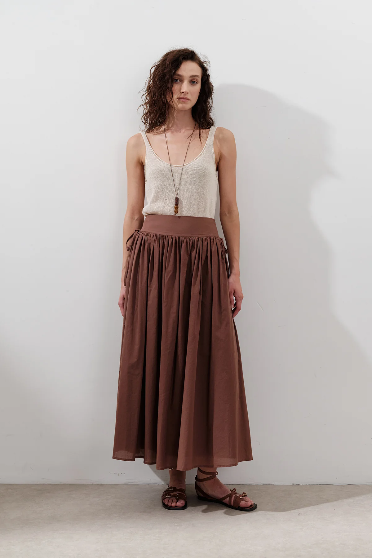 Wide Skirt With Tie Detail Warm Brown - Image 3