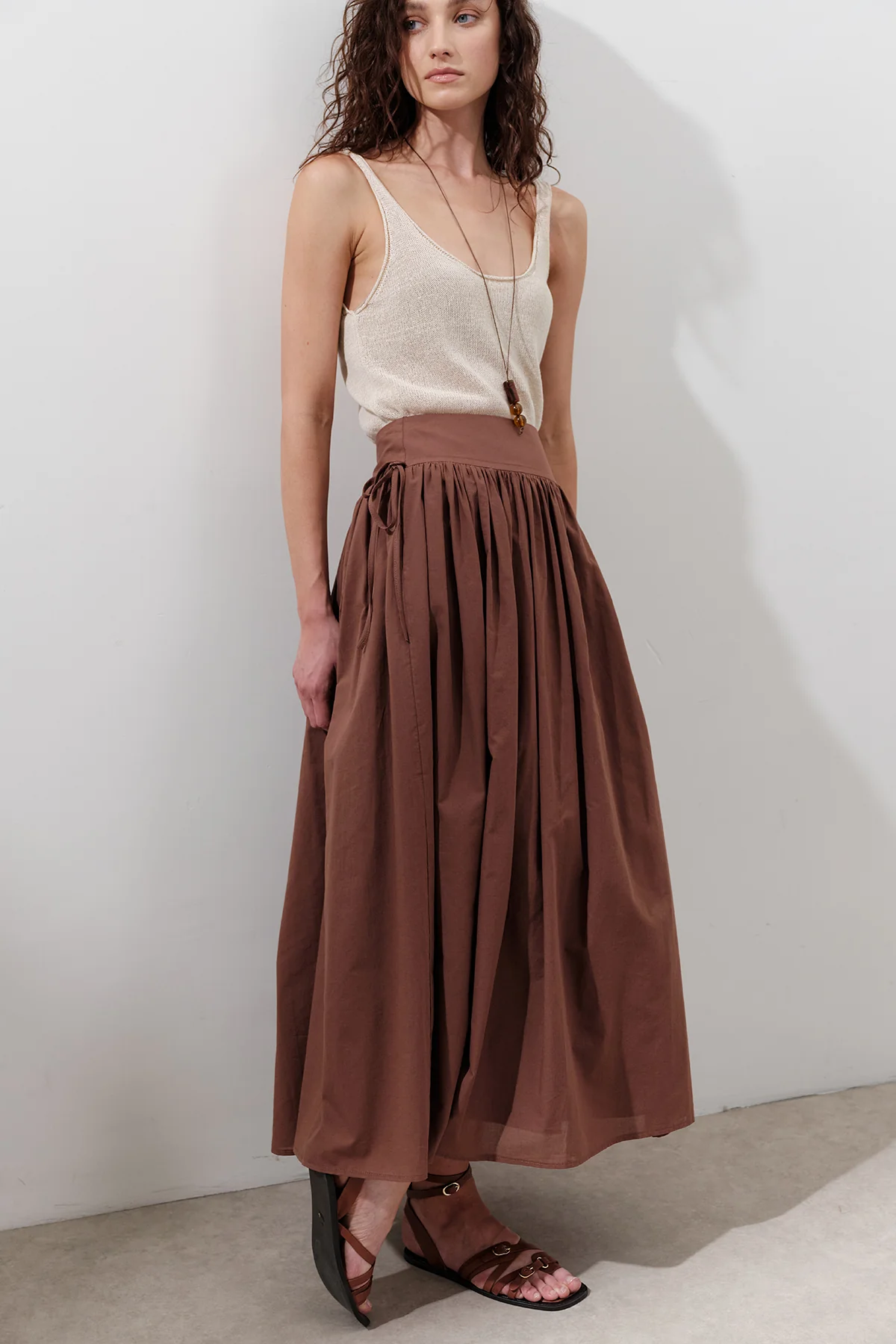 Wide Skirt With Tie Detail Warm Brown - Image 4