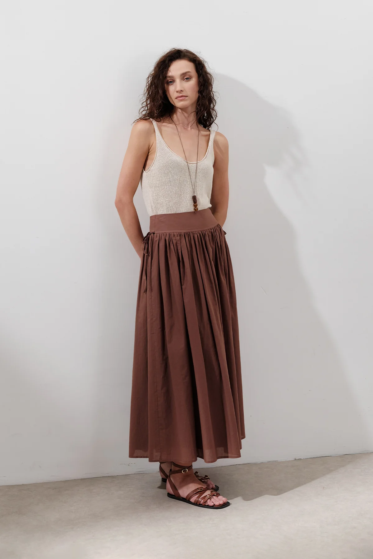 Wide Skirt With Tie Detail Warm Brown - Image 5