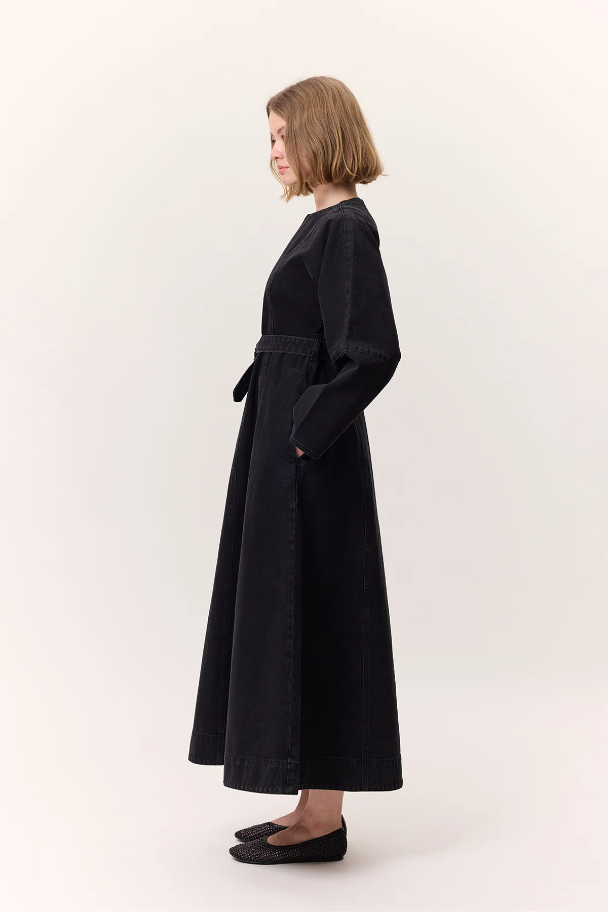 Wide Sleeve Belted Denim Dress Black - Image 9
