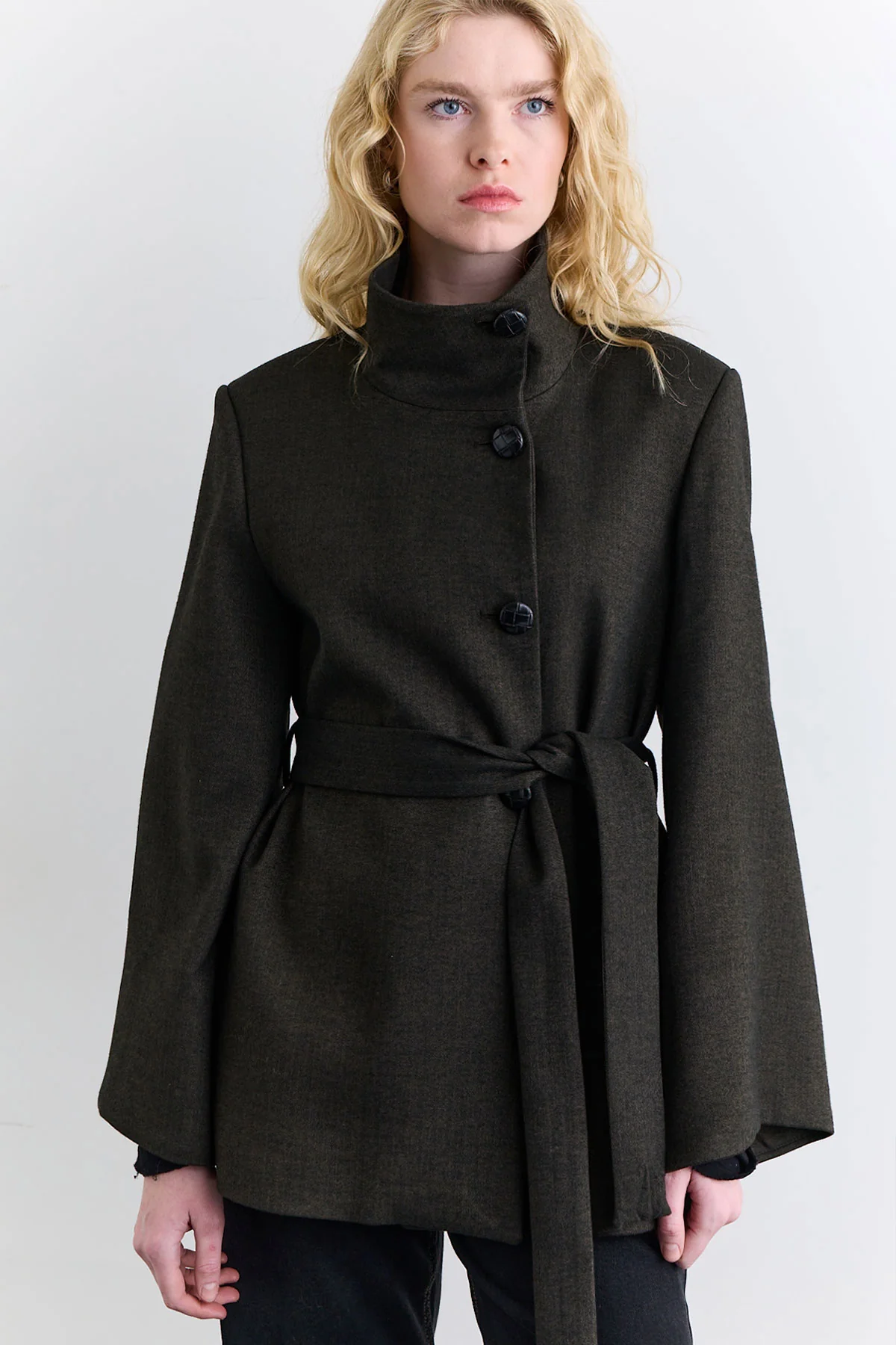 Wide Sleeve Belted Jacket Khaki - Image 9