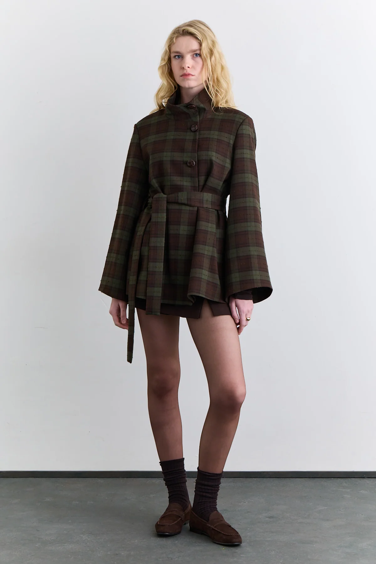 Wide Sleeve Belted Jacket Plaid - Image 5