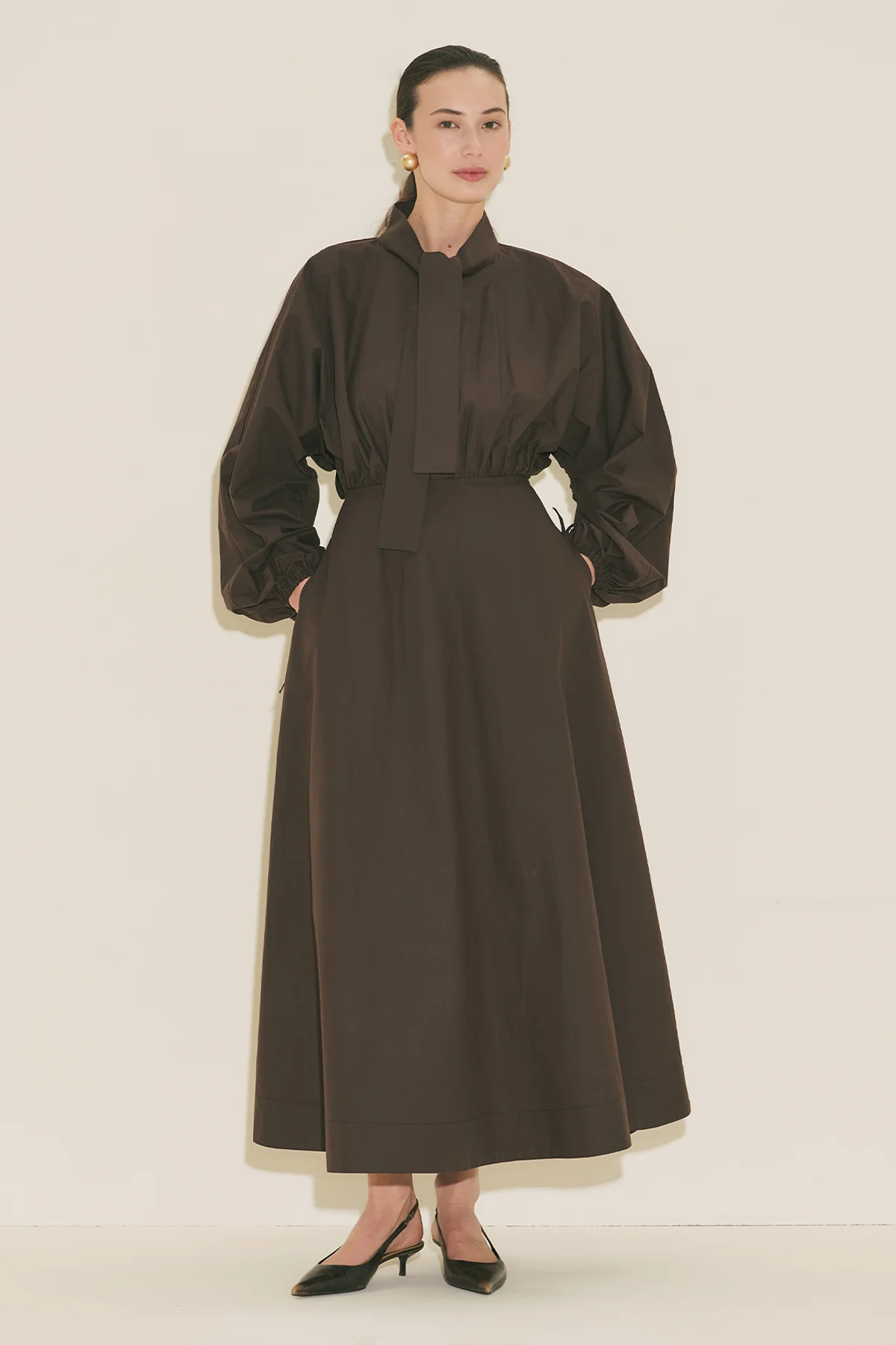 Wide Sleeve Design Dress Brown - Image 13