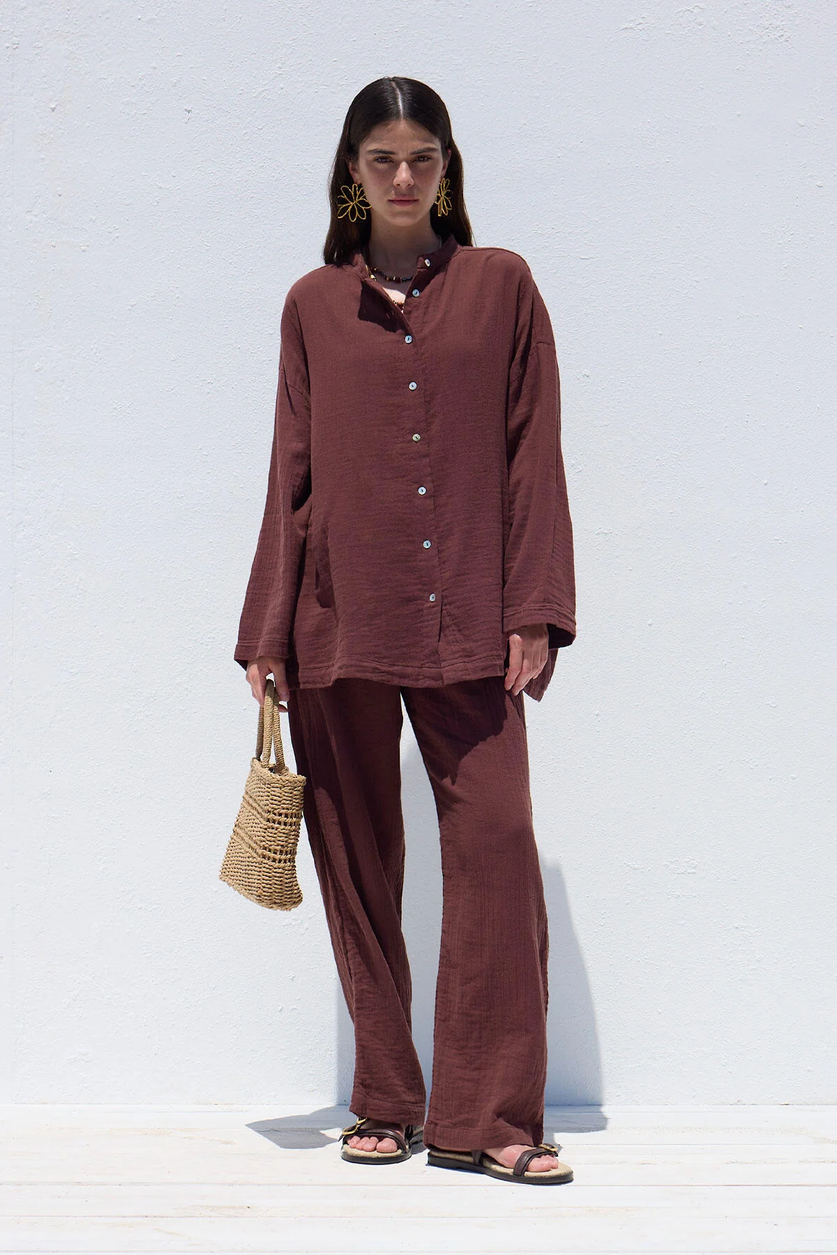 Wide Sleeve Muslin Shirt Burgundy - Image 3