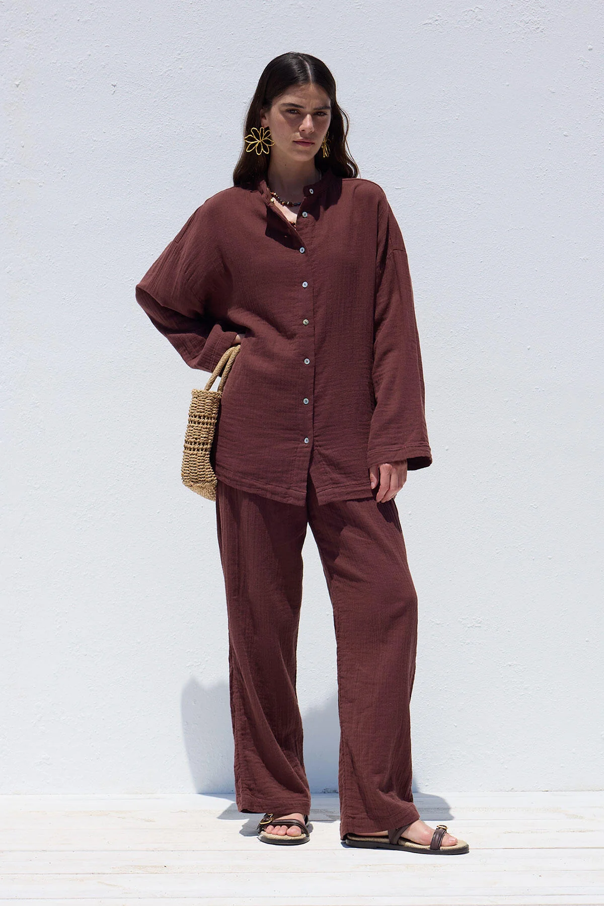 Wide Sleeve Muslin Shirt Burgundy - Image 4