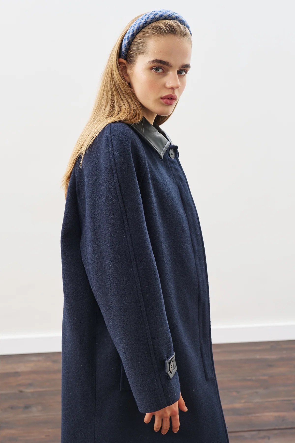 Wool Coat With Leather Details Navy Blue - Image 5